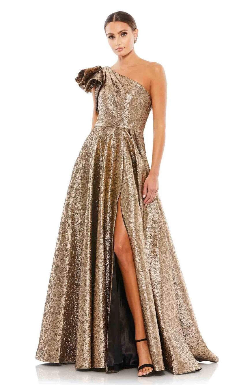 Mac Duggal Metallic One Shoulder Bow Maxi Dress Antique Bronze Women's Size 10